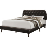Queen Bed in Tufted Brown Leather Look on Wood Legs